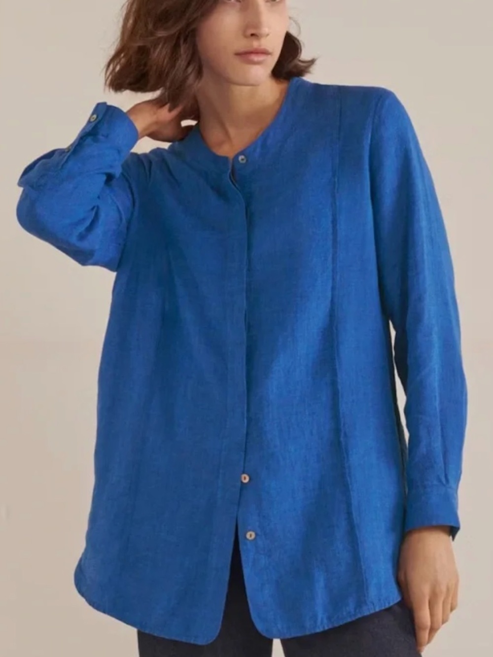 poetry - Linen Indigo Blue Pleated Long Sleeve Button Front Shirt - 10 Medium